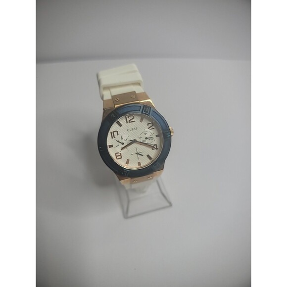 Vintage Guess Wristwatch Watch Womens Rose Gold Tone Blue White Band U0564L1 - Picture 2 of 12